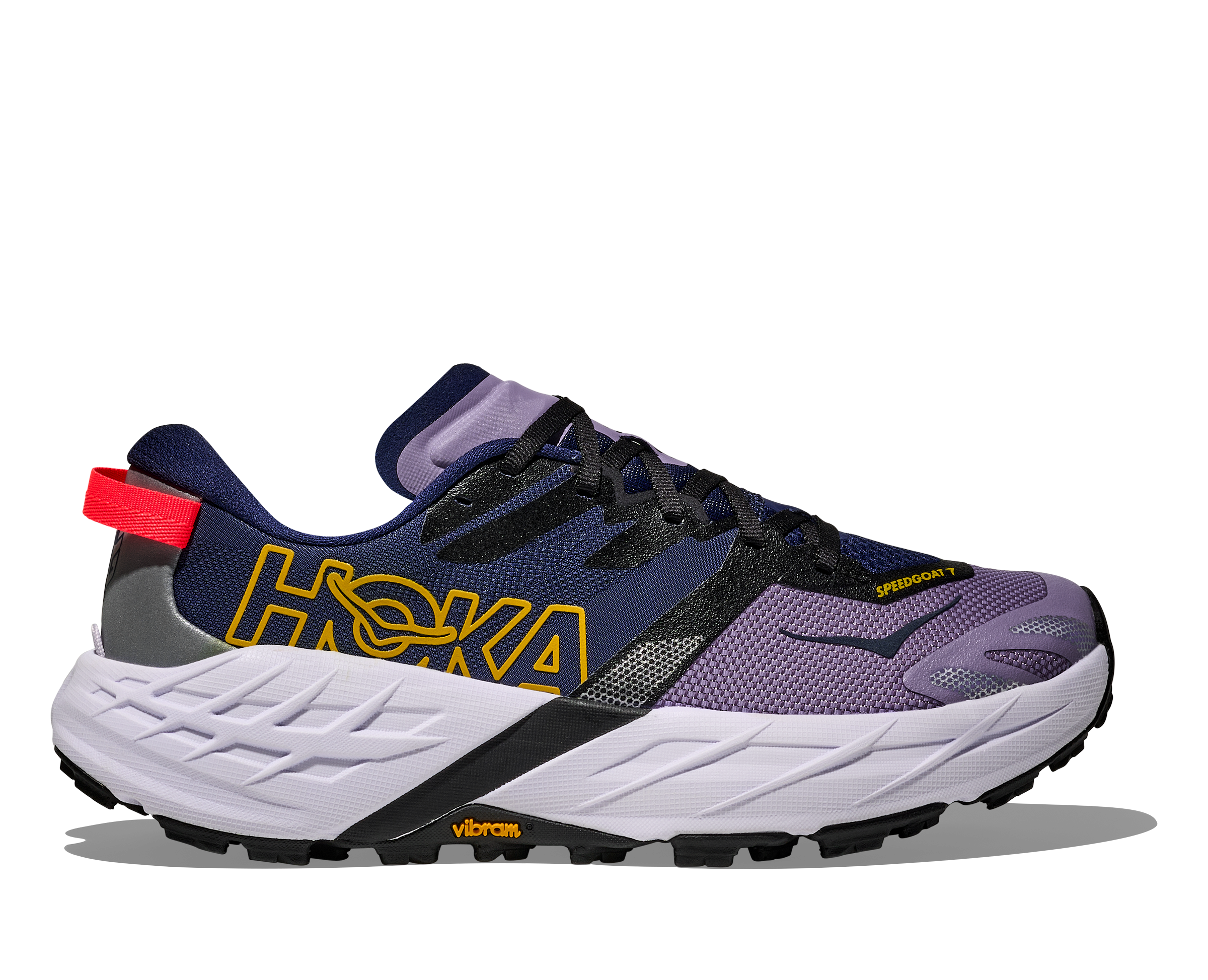 side view of hoka speedgoat 7 trail runner for women in berry jam and starlight glow colour