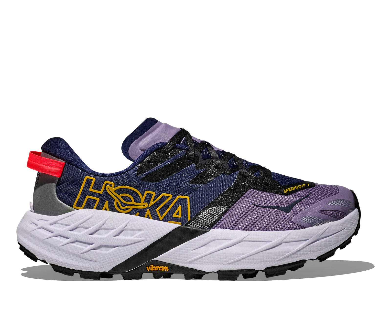 side view of hoka speedgoat 7 trail runner for women in berry jam and starlight glow colour