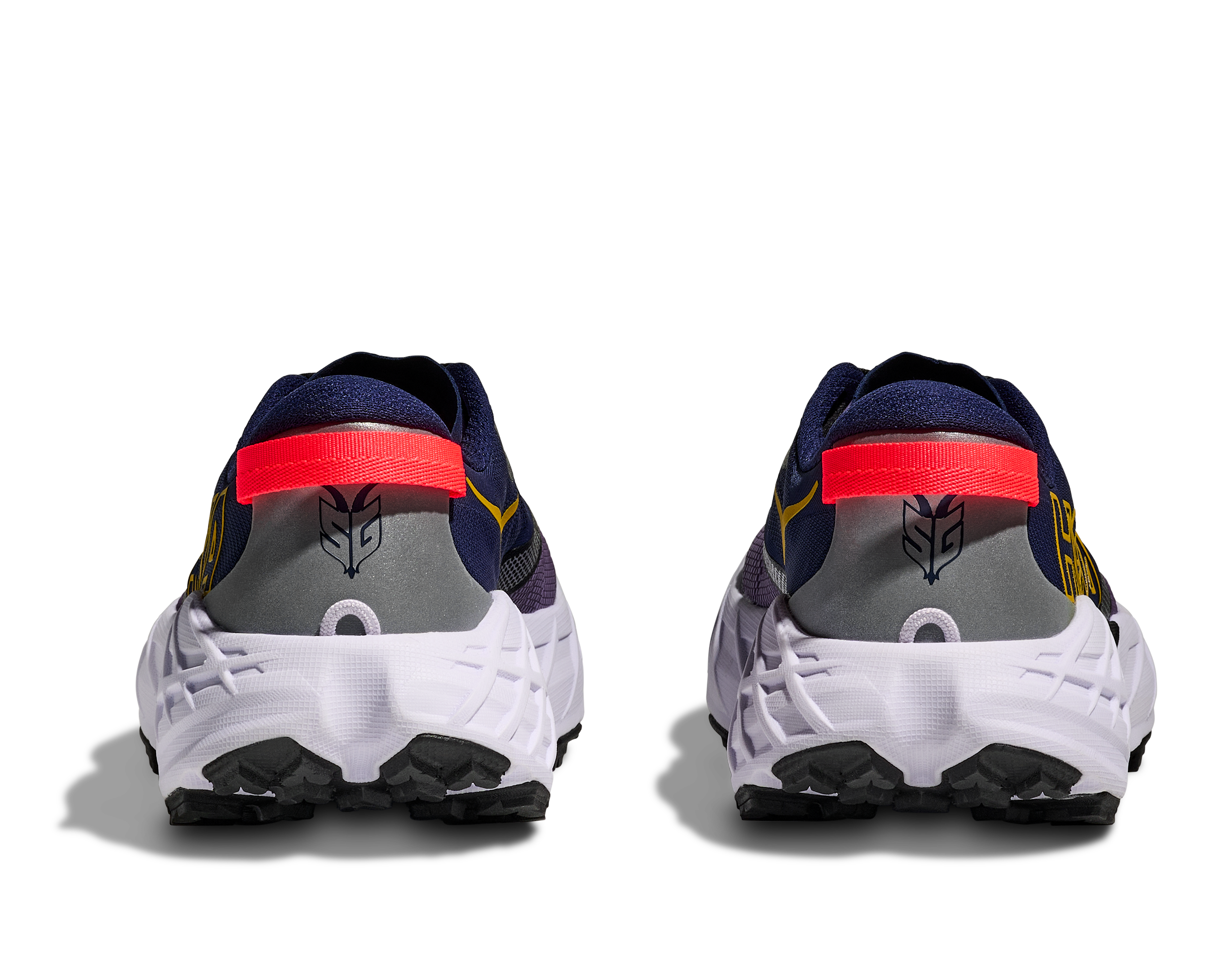 pair hoka speedgoat 7 trail runner for women in berry jam and starlight glow colour, showing back heel
