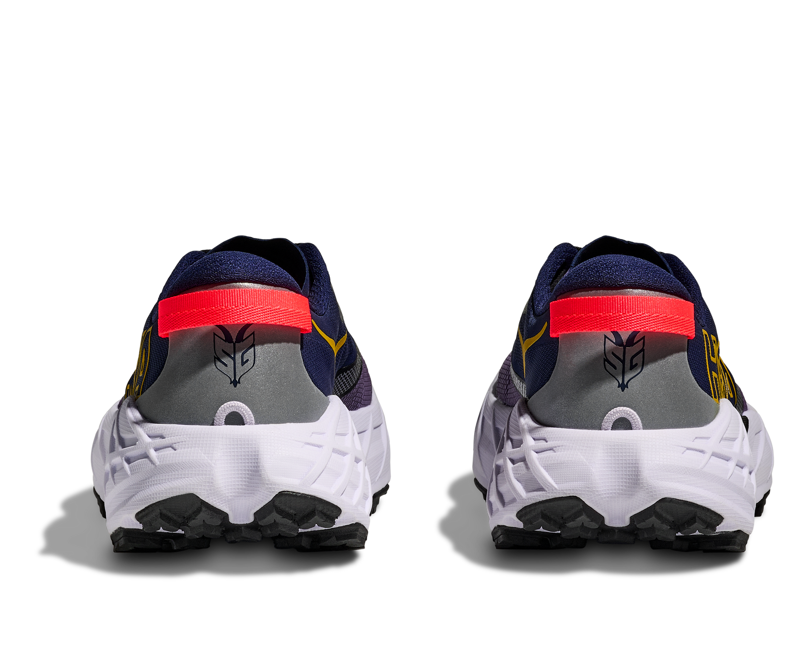 pair hoka speedgoat 7 trail runner for women in berry jam and starlight glow colour, showing back heel