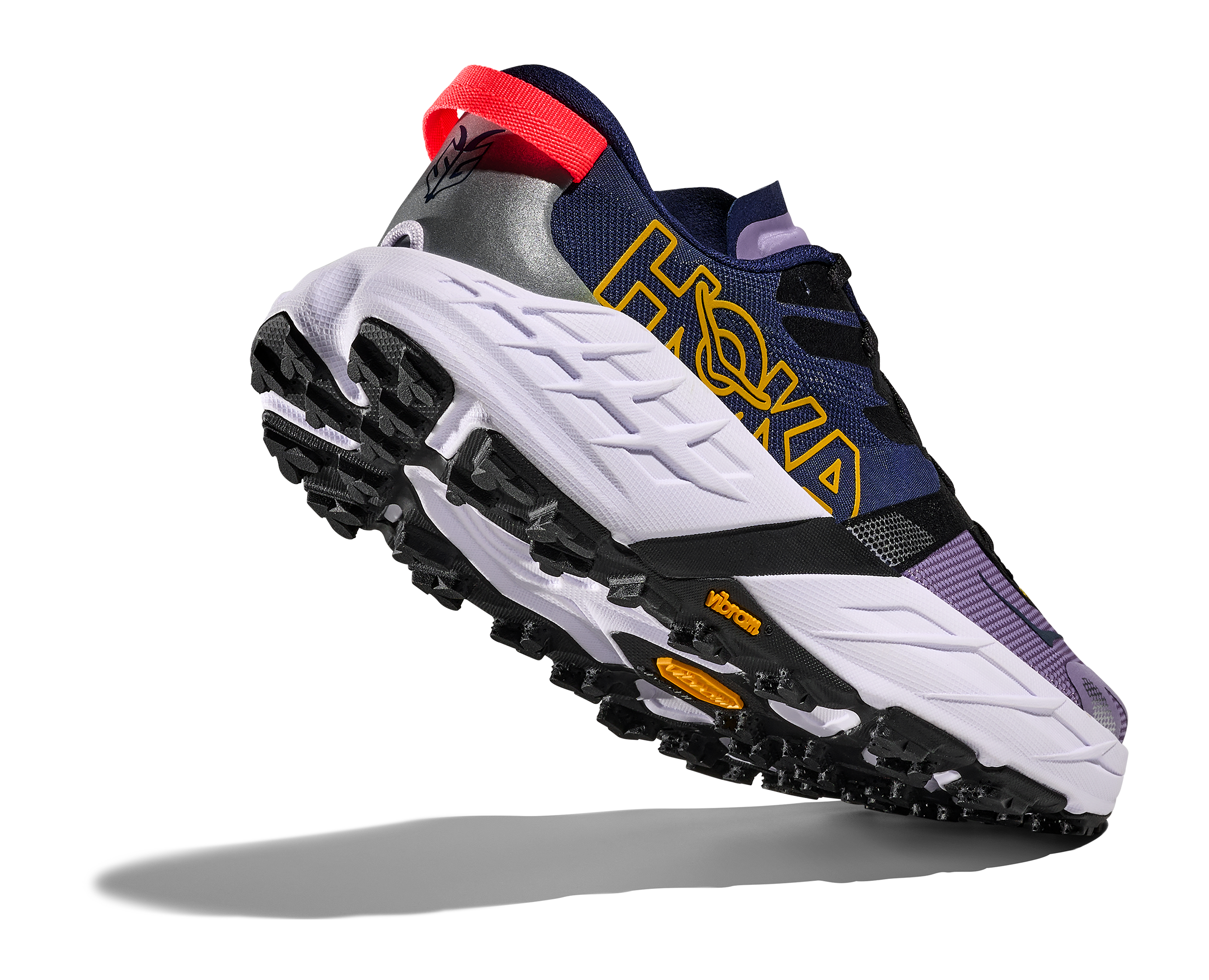 hoka speedgoat 7 trail runner for women in berry jam and starlight glow colour showing lugs