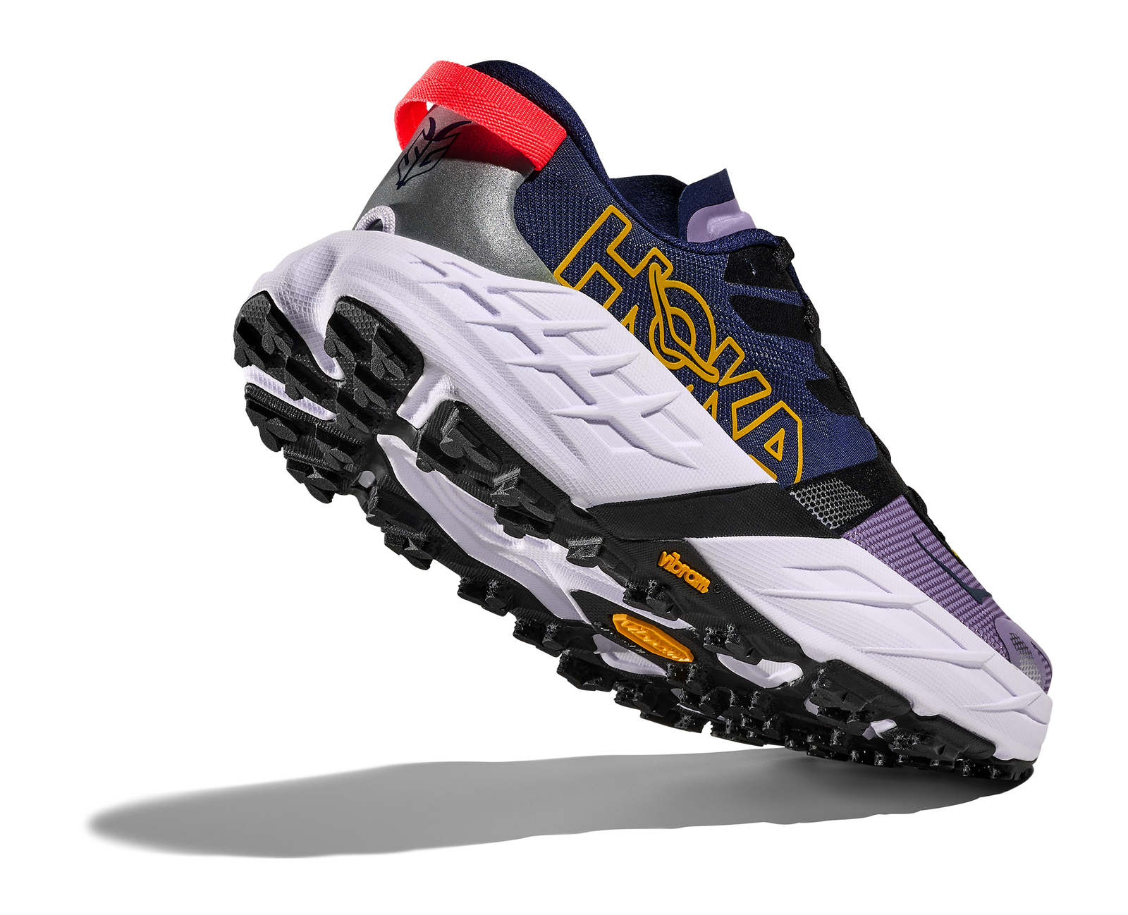 hoka speedgoat 7 trail runner for women in berry jam and starlight glow colour showing lugs