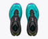 hoka speedgoat trail running shoe for women, technical trail runner, teal black colour with pink details, top down view of shoes