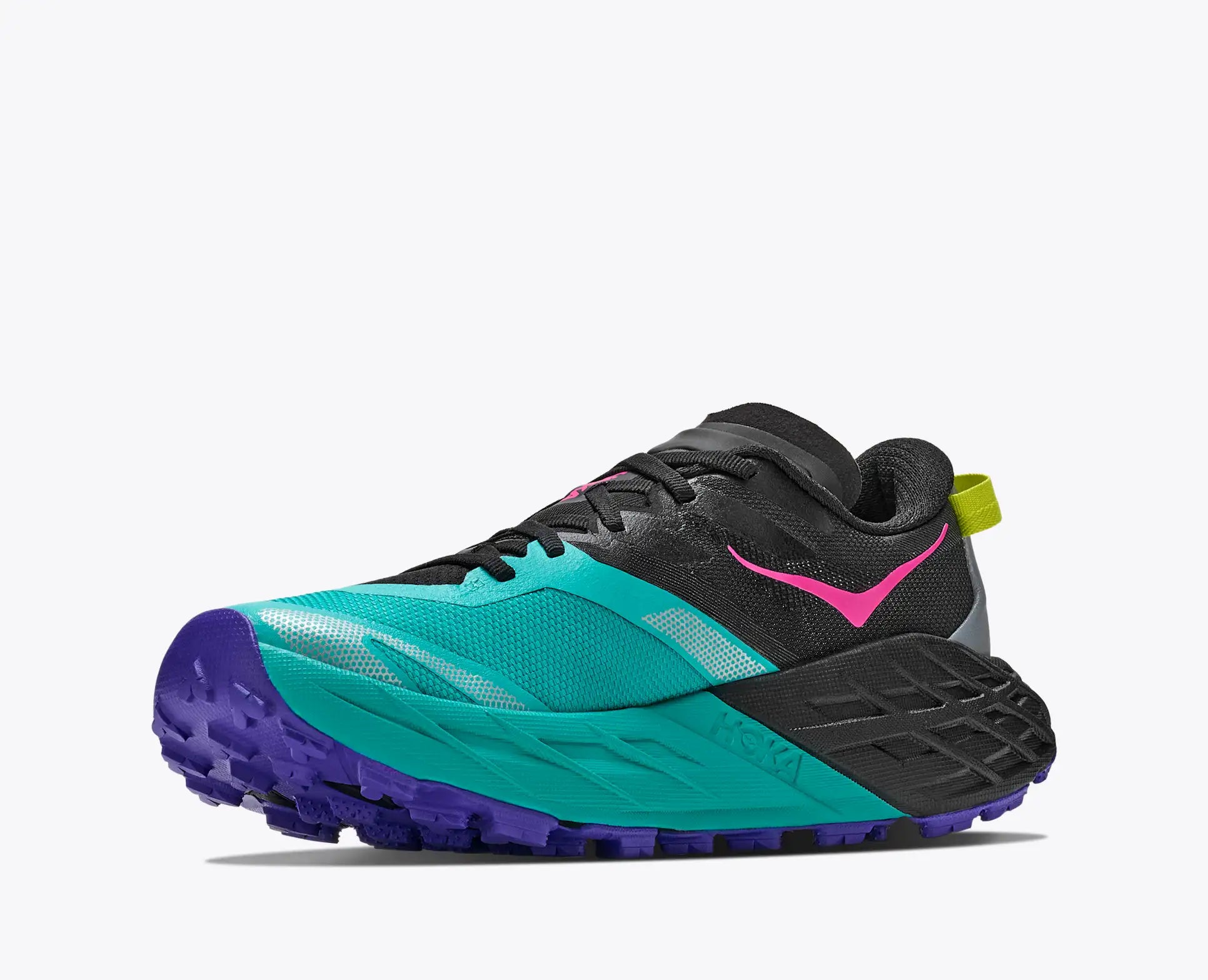 hoka speedgoat trail running shoe for women, technical trail runner, teal black colour with pink details, inside profile of shoes