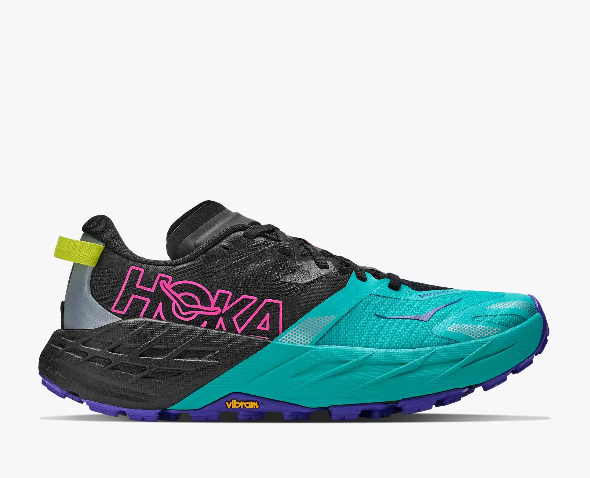 hoka speedgoat trail running shoe for women, technical trail runner, teal black colour with pink details, side profile of shoe