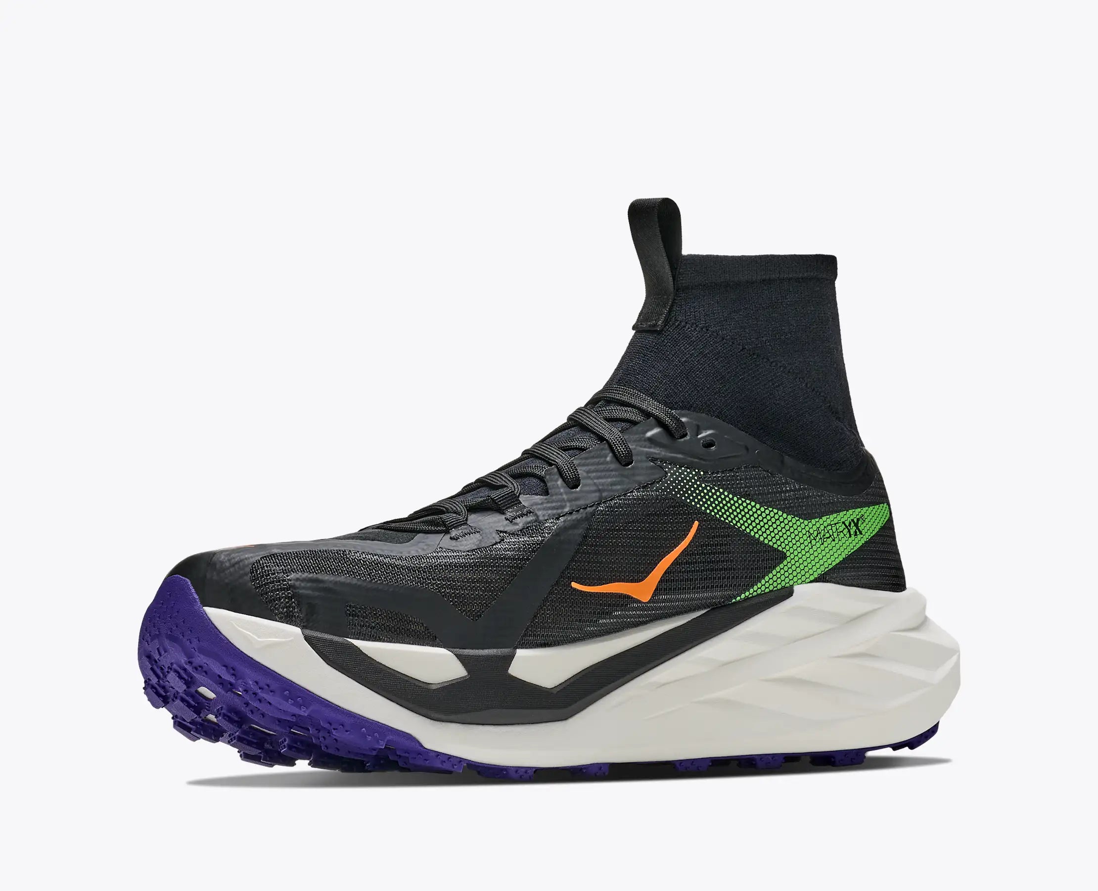 hoka tecton x 4 mens, carbon plated trail running and racing shoe, black with orange green and purple details, inside profile of shoe