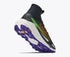 hoka tecton x 4 mens, carbon plated trail running and racing shoe, black with orange green and purple details, lifted heel of shoe