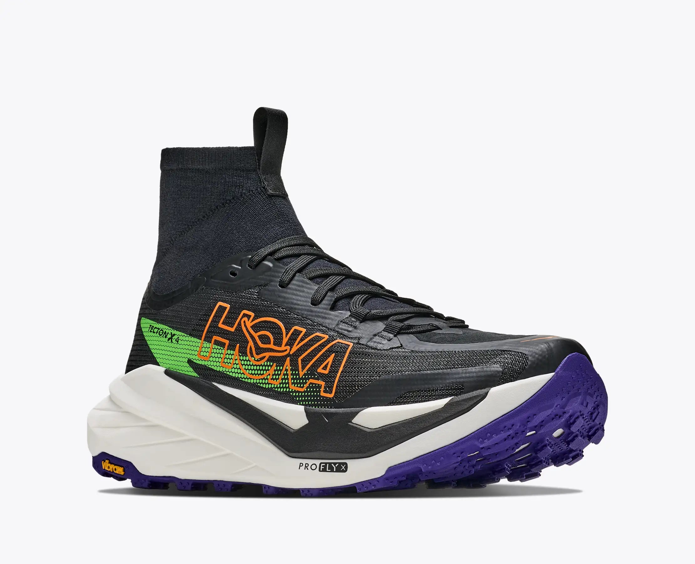 hoka tecton x 4 mens, carbon plated trail running and racing shoe, black with orange green and purple details, front angled profile of shoes