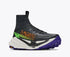 hoka tecton x 4 mens, carbon plated trail running and racing shoe, black with orange green and purple details, front angled profile of shoes