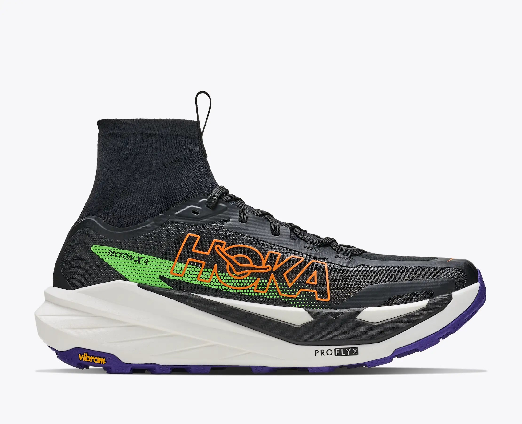 hoka tecton x 4 mens, carbon plated trail running and racing shoe, black with orange green and purple details, side profile of shoe