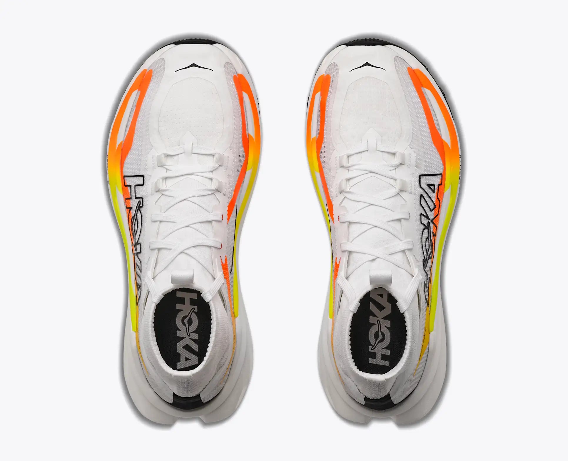 hoka tecton x 4 mens, carbon plated trail running and racing shoe, white with yellow and orange details, top of shoe