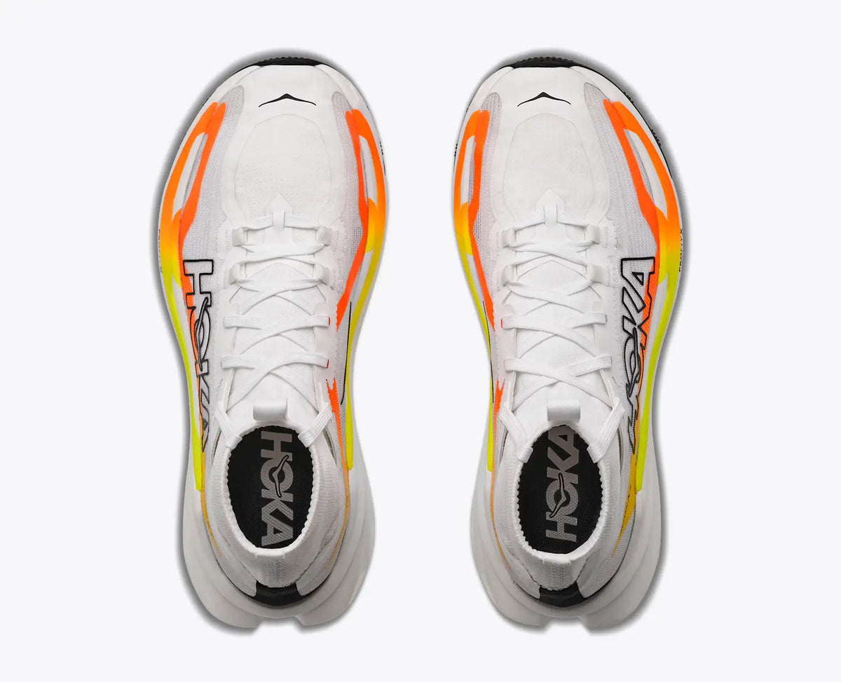 hoka tecton x 4 mens, carbon plated trail running and racing shoe, white with yellow and orange details, top of shoe