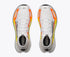 hoka tecton x 4 mens, carbon plated trail running and racing shoe, white with yellow and orange details, top of shoe