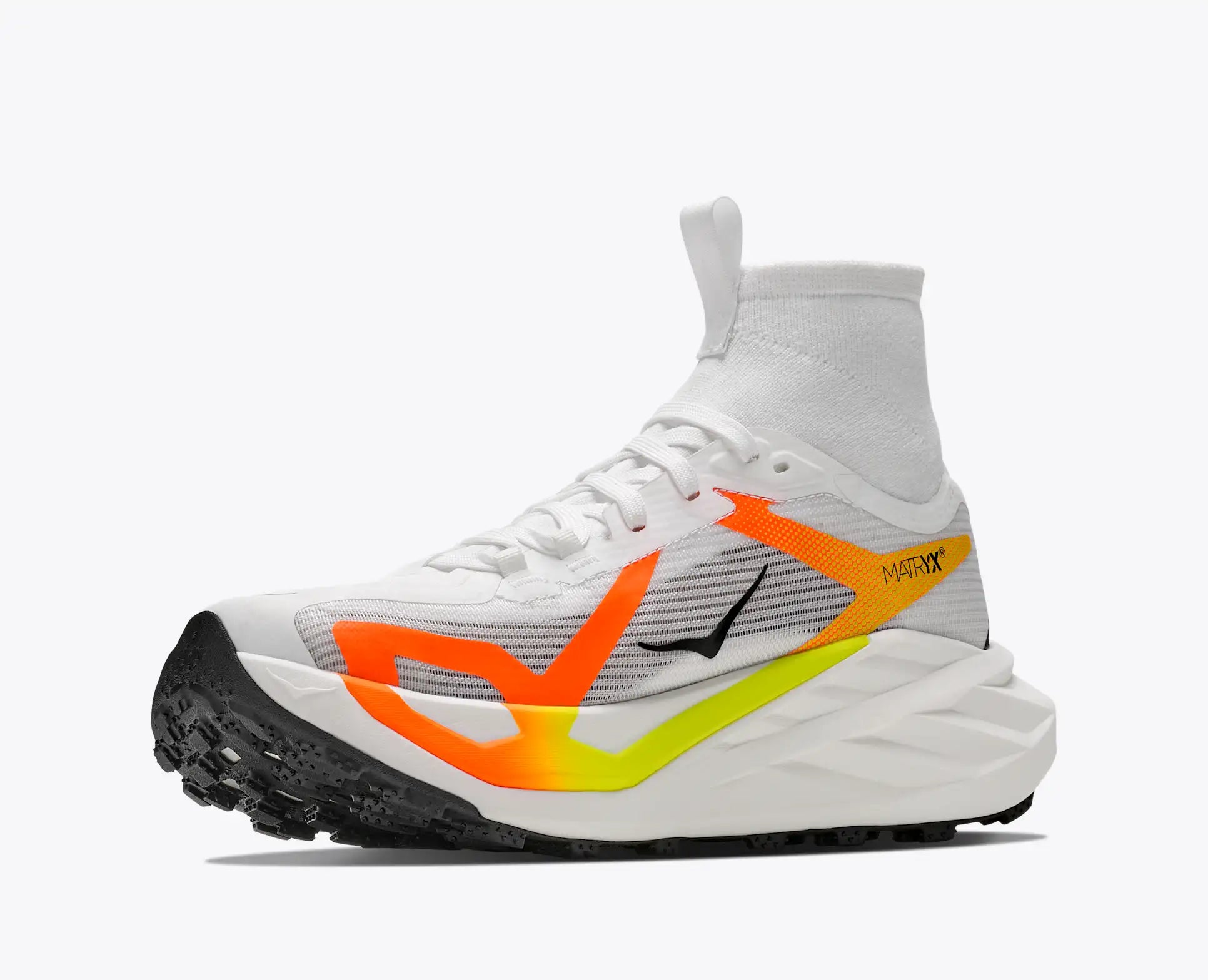 hoka tecton x 4 mens, carbon plated trail running and racing shoe, white with yellow and orange details, inside profile of shoe