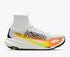 hoka tecton x 4 mens, carbon plated trail running and racing shoe, white with yellow and orange details, side profile of shoe 