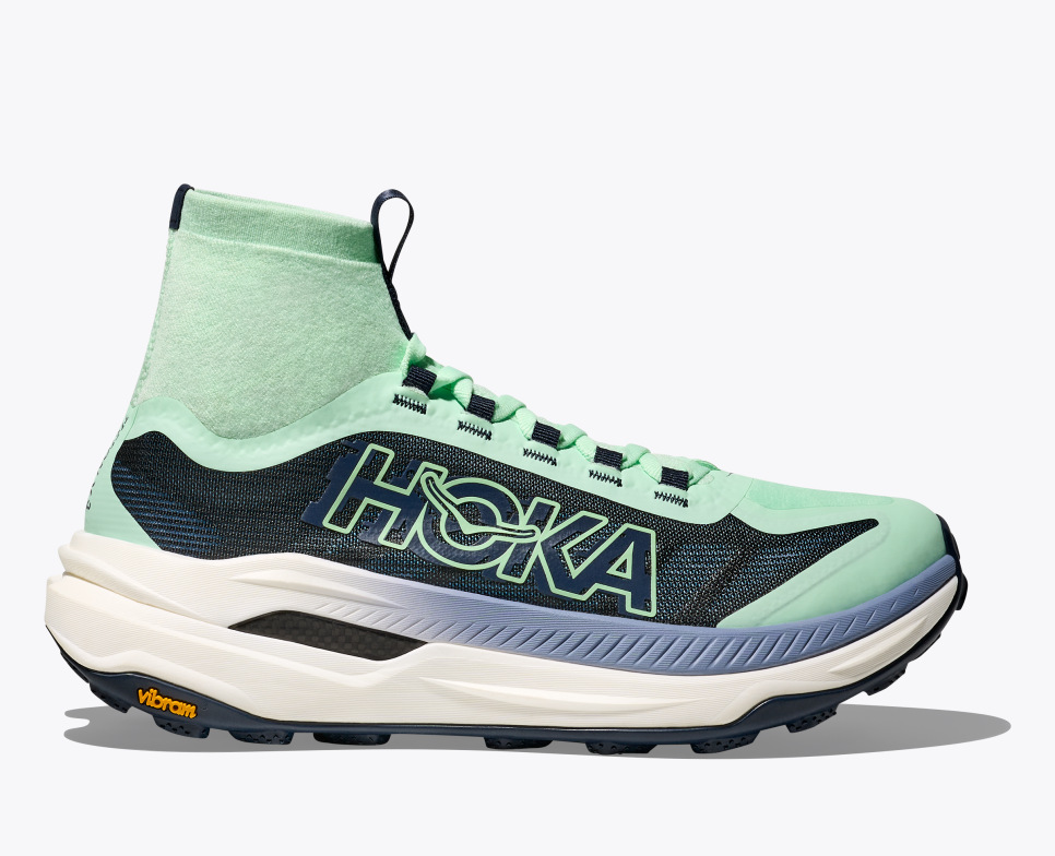 hoka techton X3 trail shoe for women. mint colour