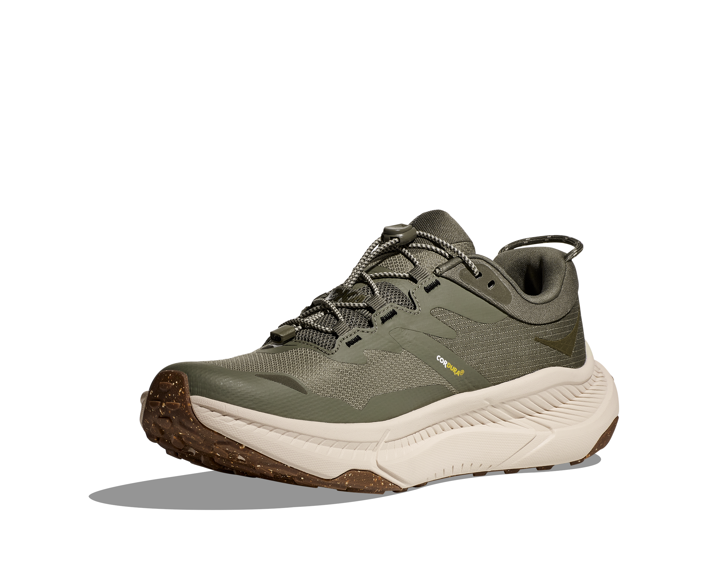 Dark green hoka hiking shoe with cream sole and HOKA logo inside