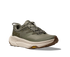 Dark green hoka hiking shoe with cream sole and HOKA logo front toe