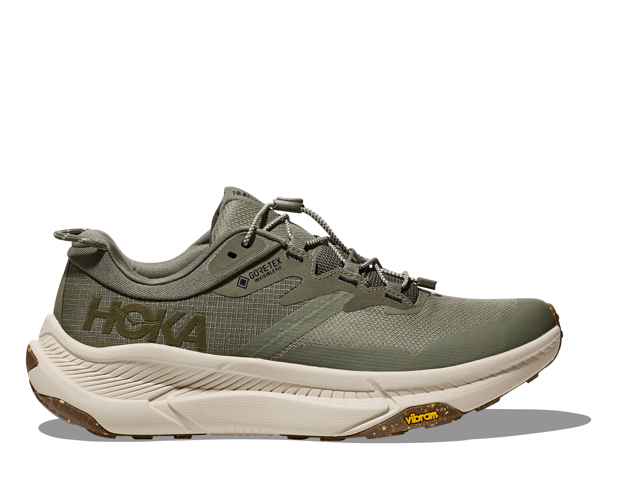 Dark green hoka hiking shoe with cream sole and HOKA logo