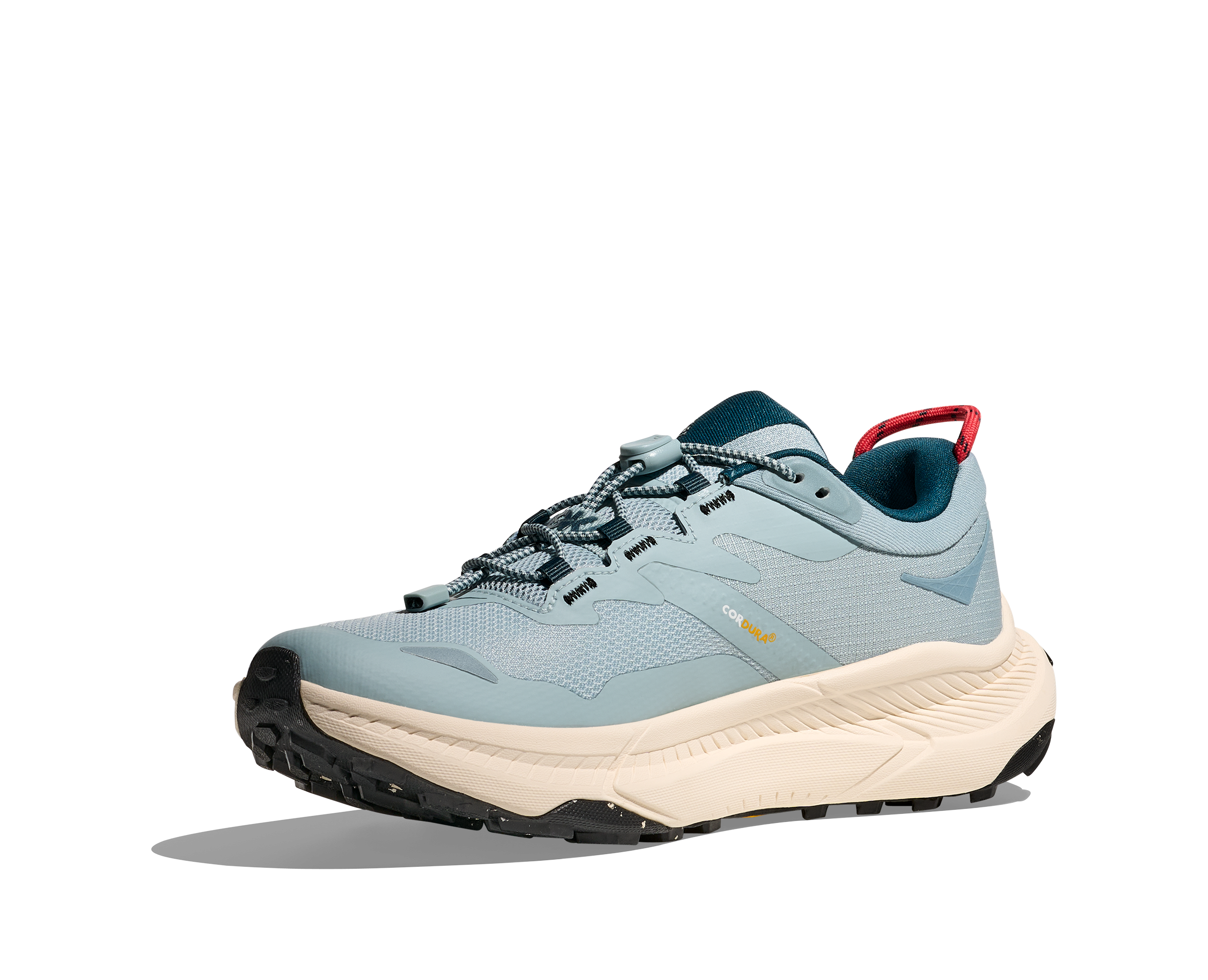 Light blue hoka hiking trail shoe for women with cream sole and red details