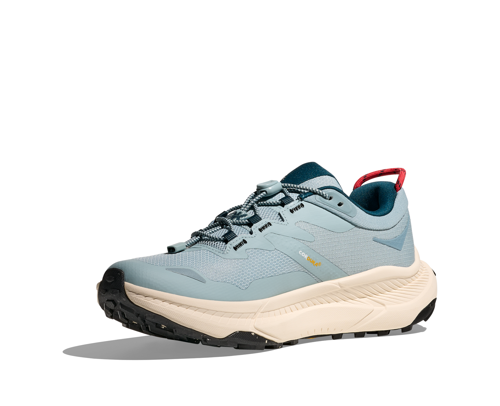 Light blue hoka hiking trail shoe for women with cream sole and red details