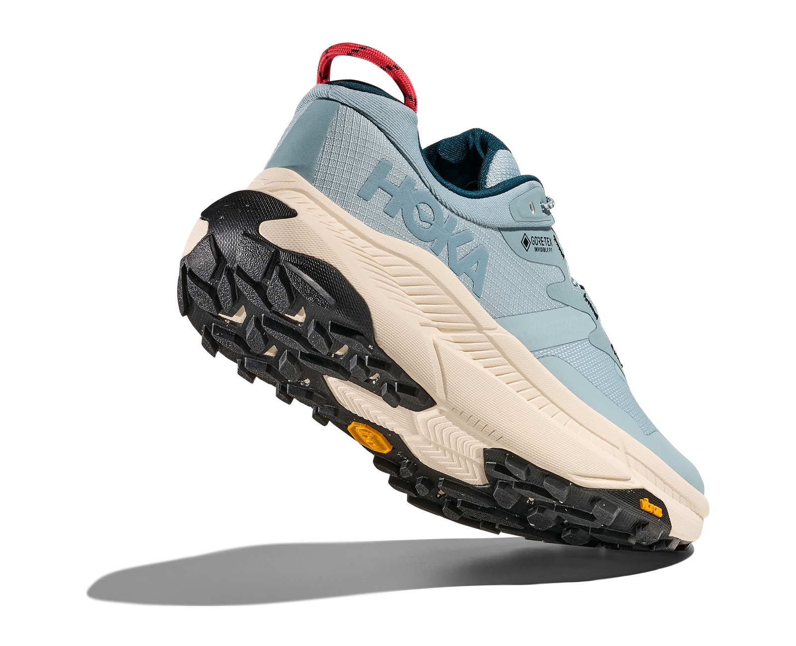 Light blue hoka hiking trail shoe for women with black and cream sole