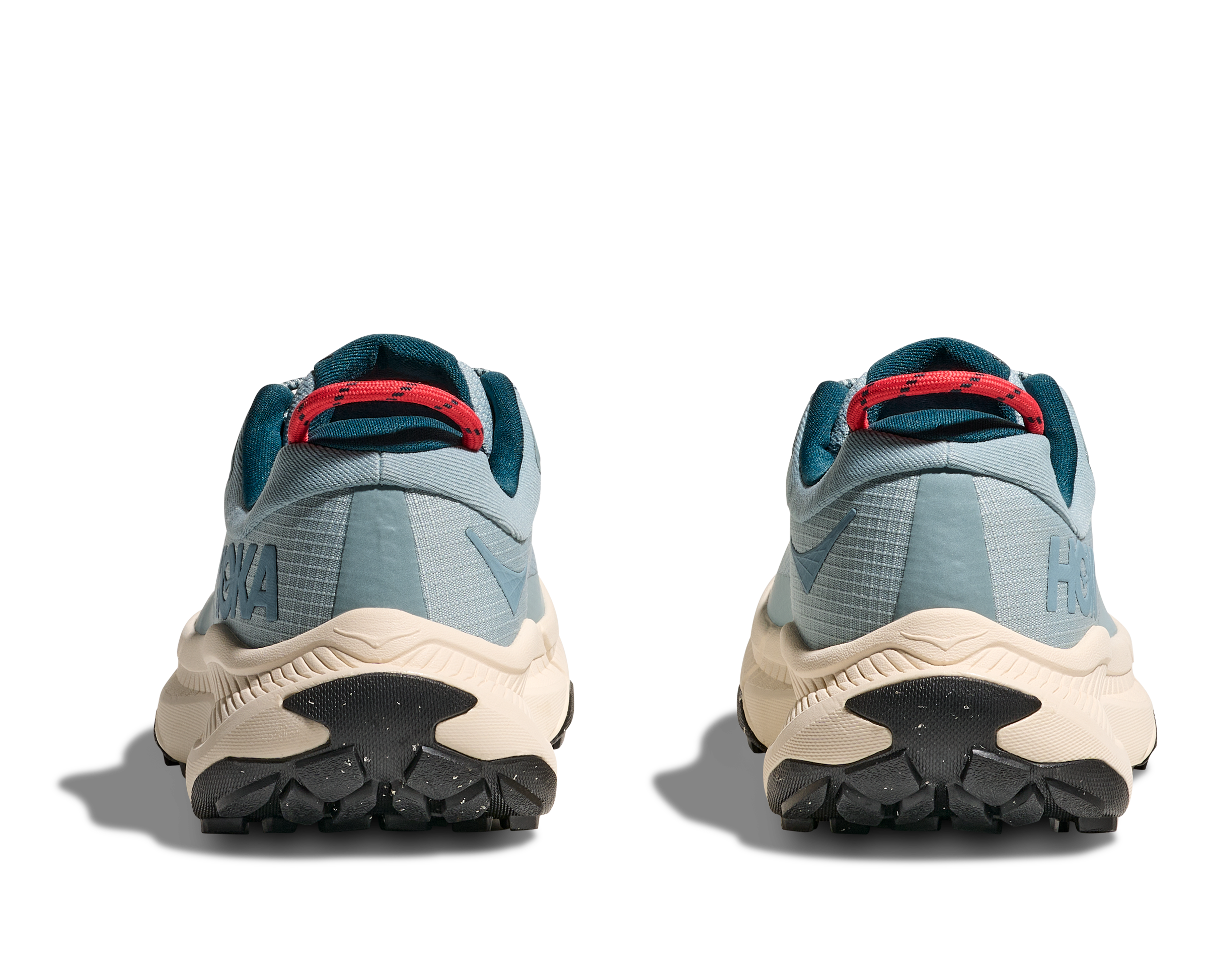 Light blue hoka hiking trail shoe for women with cream sole and red details on sole