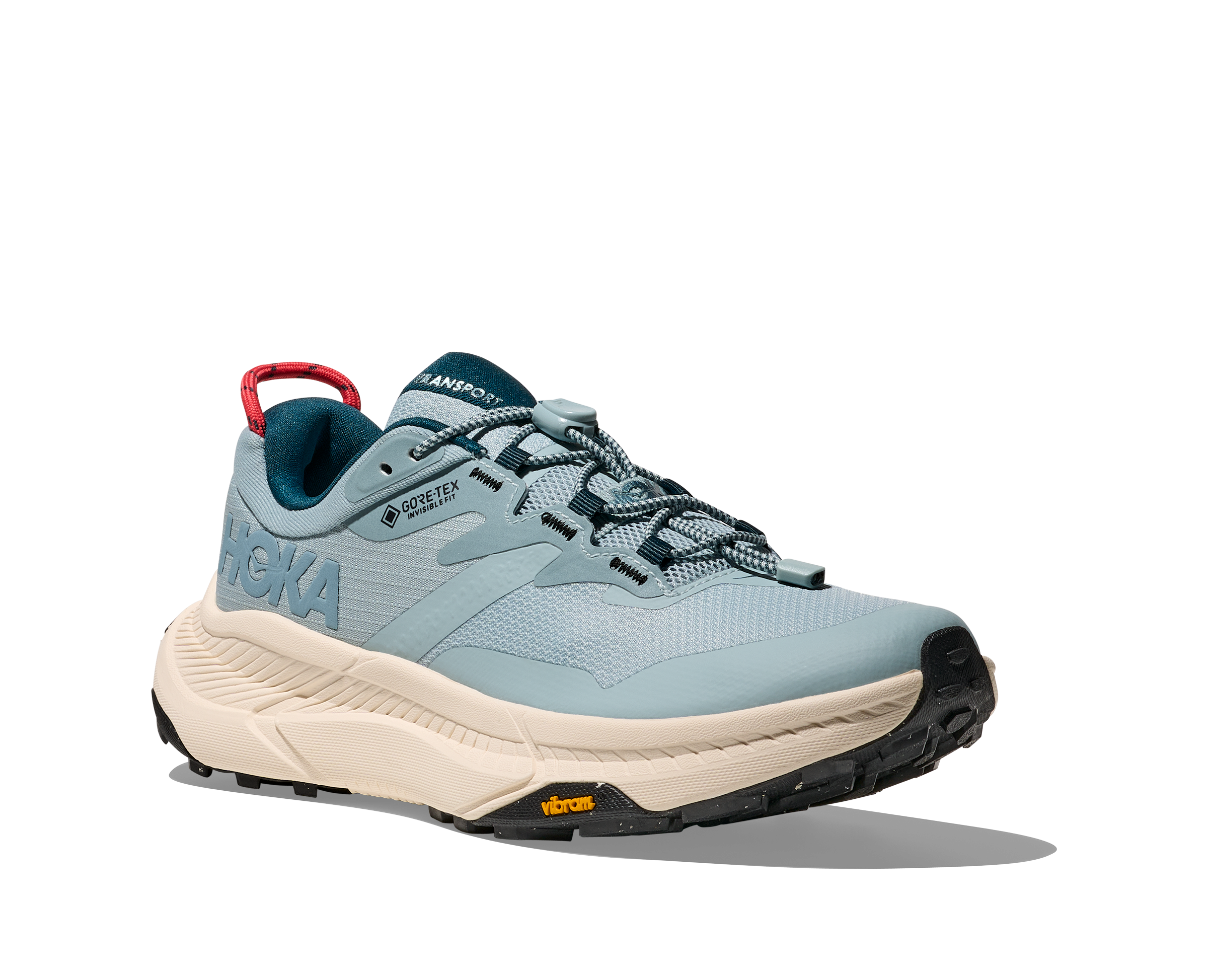 Light blue hoka hiking trail shoe for women with cream sole and red details
