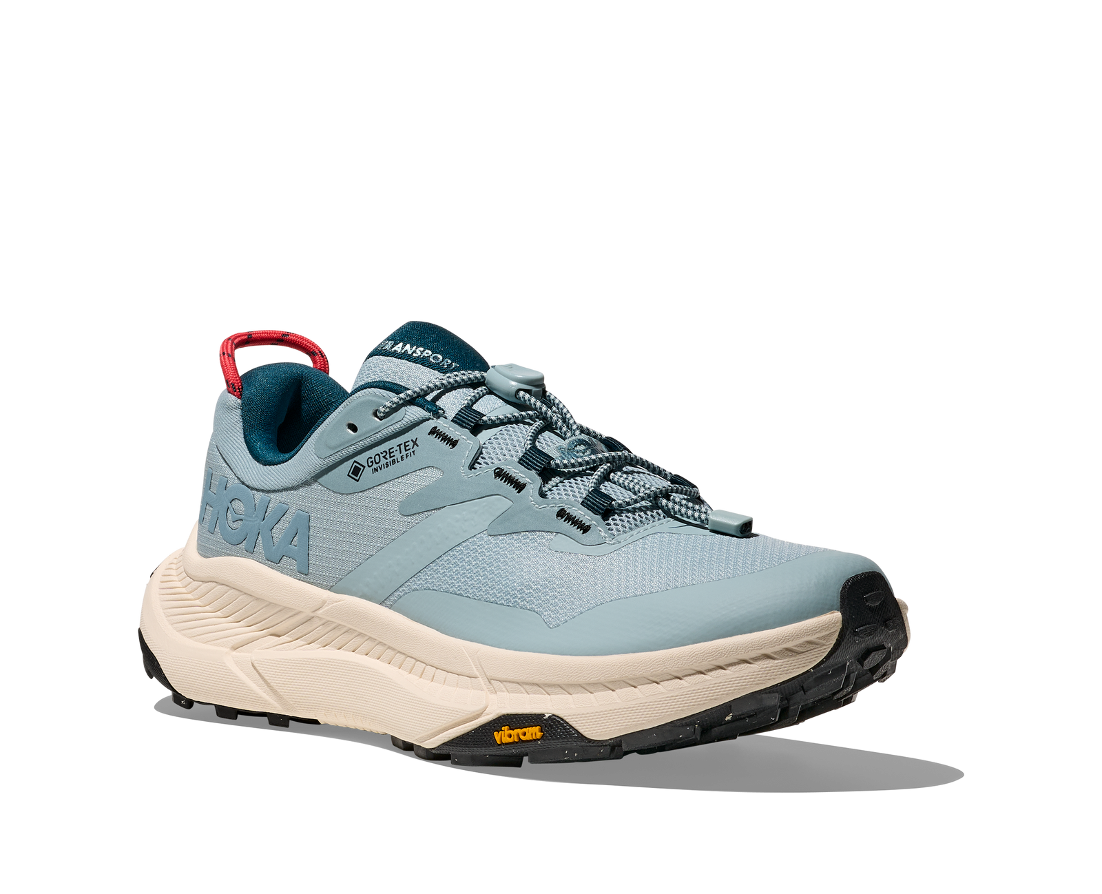 Light blue hoka hiking trail shoe for women with cream sole and red details