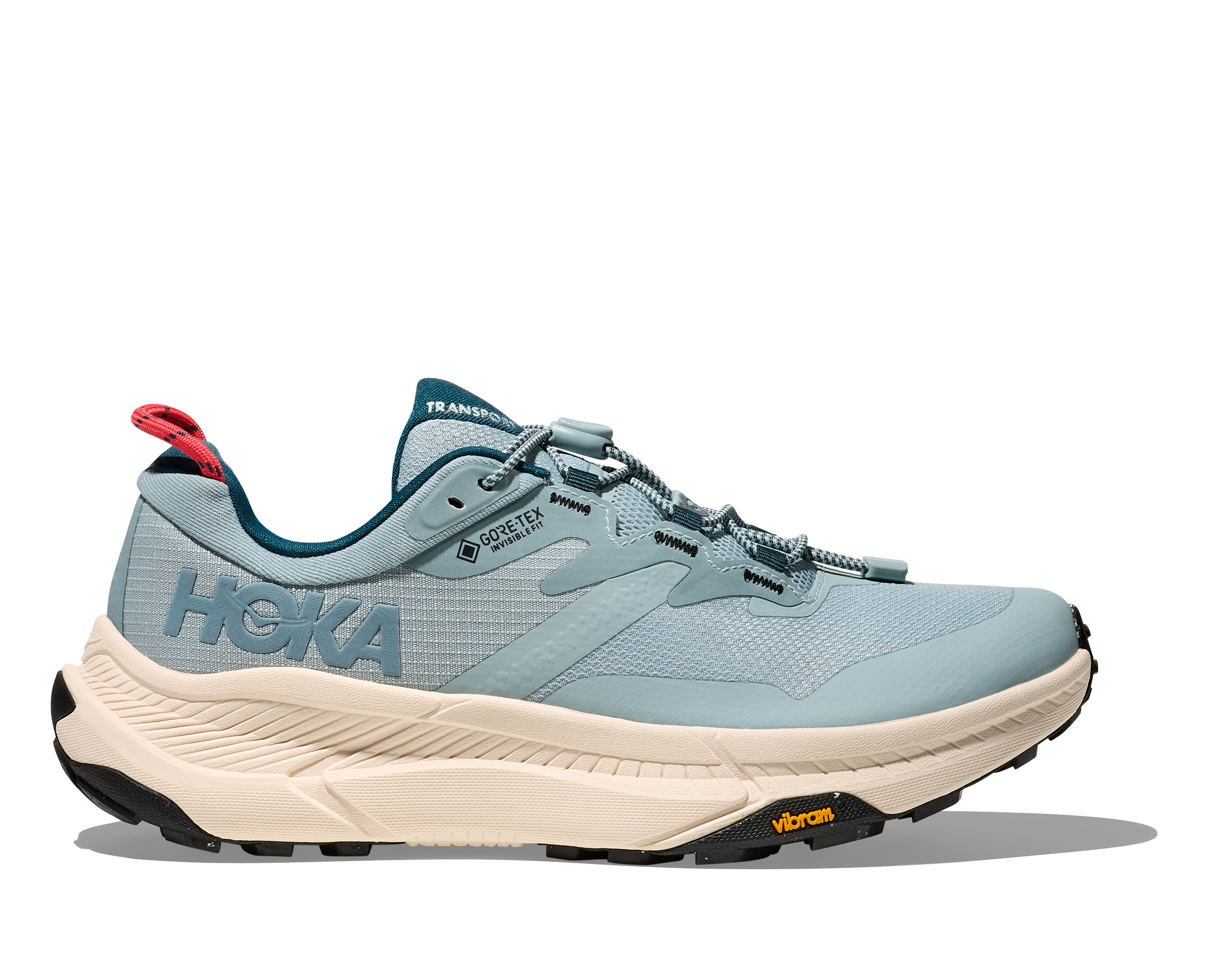 Light blue hoka hiking trail shoe for women with cream sole and red details