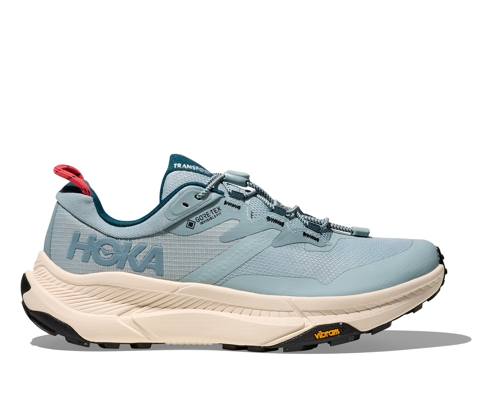 Light blue hoka hiking trail shoe for women with cream sole and red details