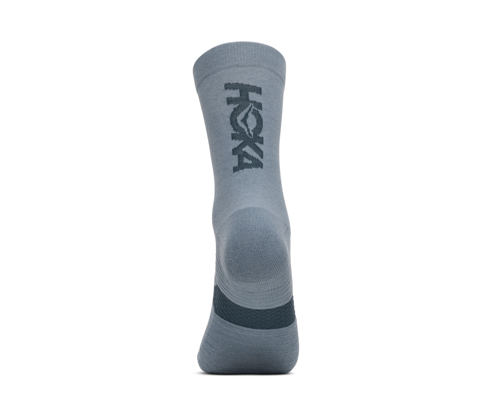 hoka gpx crew run sock, lightweight moisture wicking running sock, grey blue colour, back of sock showing hoka logo and heel lifted