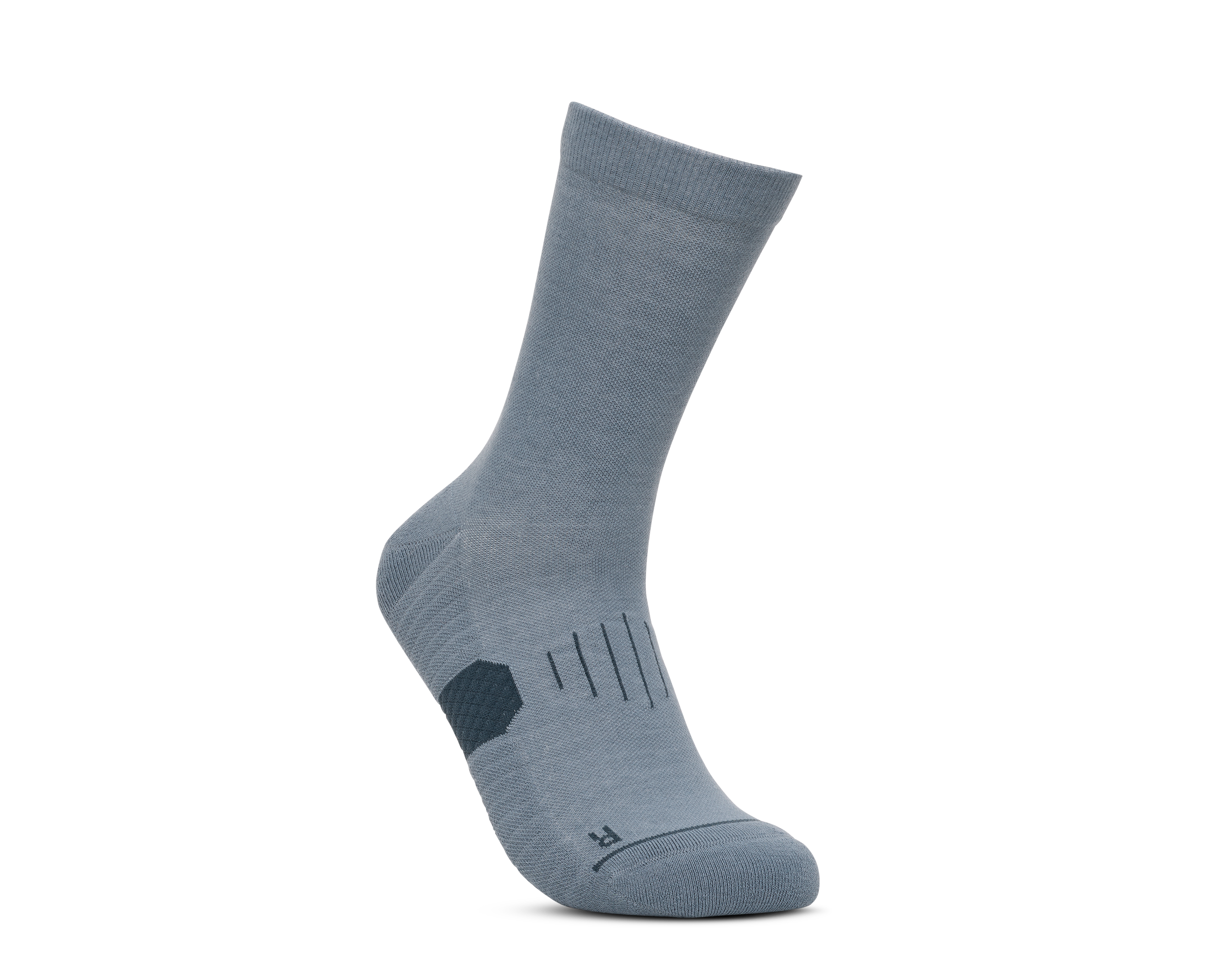 hoka gpx crew run sock, lightweight moisture wicking running sock, grey blue colour, sock front angled portrait 
