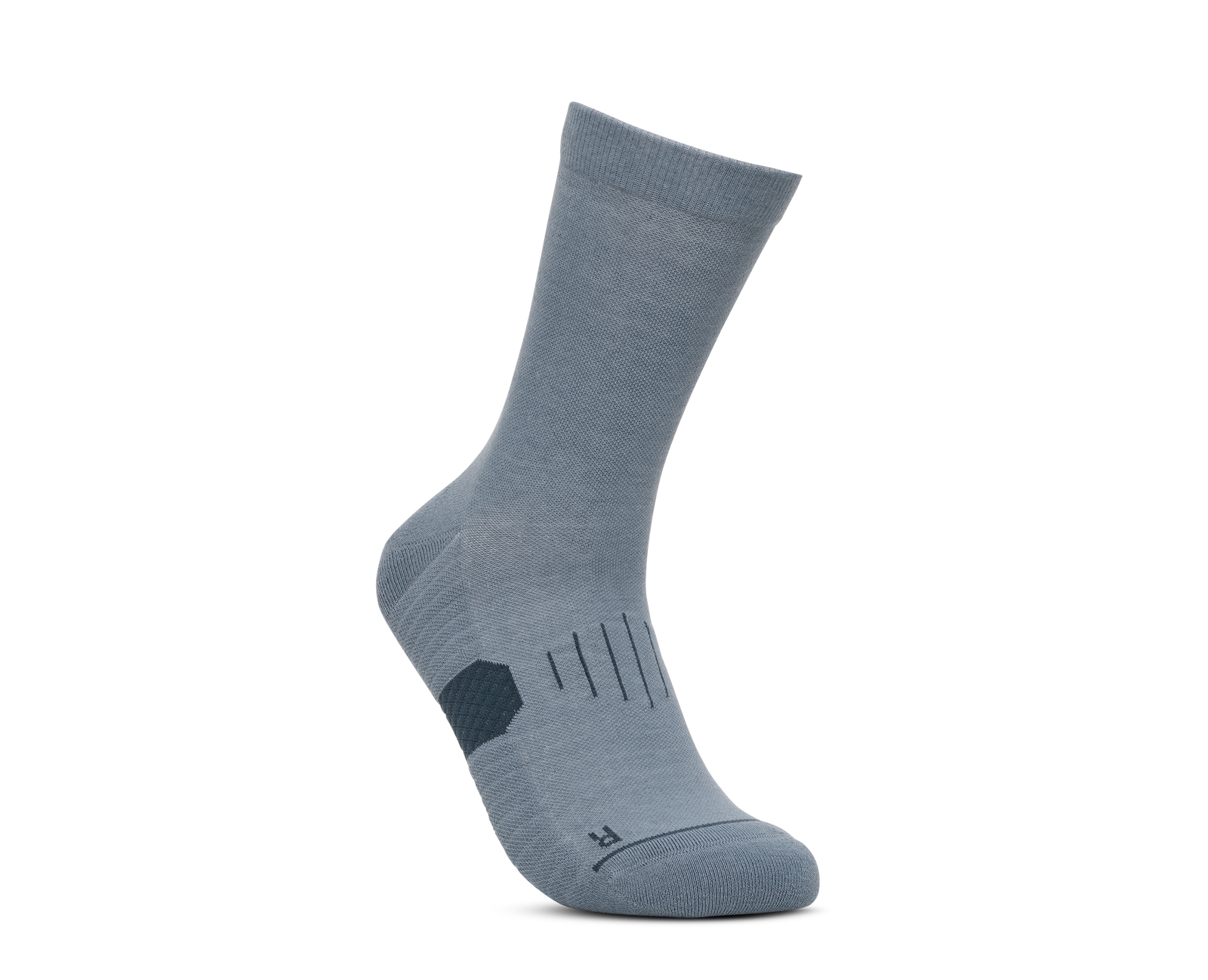 hoka gpx crew run sock, lightweight moisture wicking running sock, grey blue colour, sock front angled portrait 