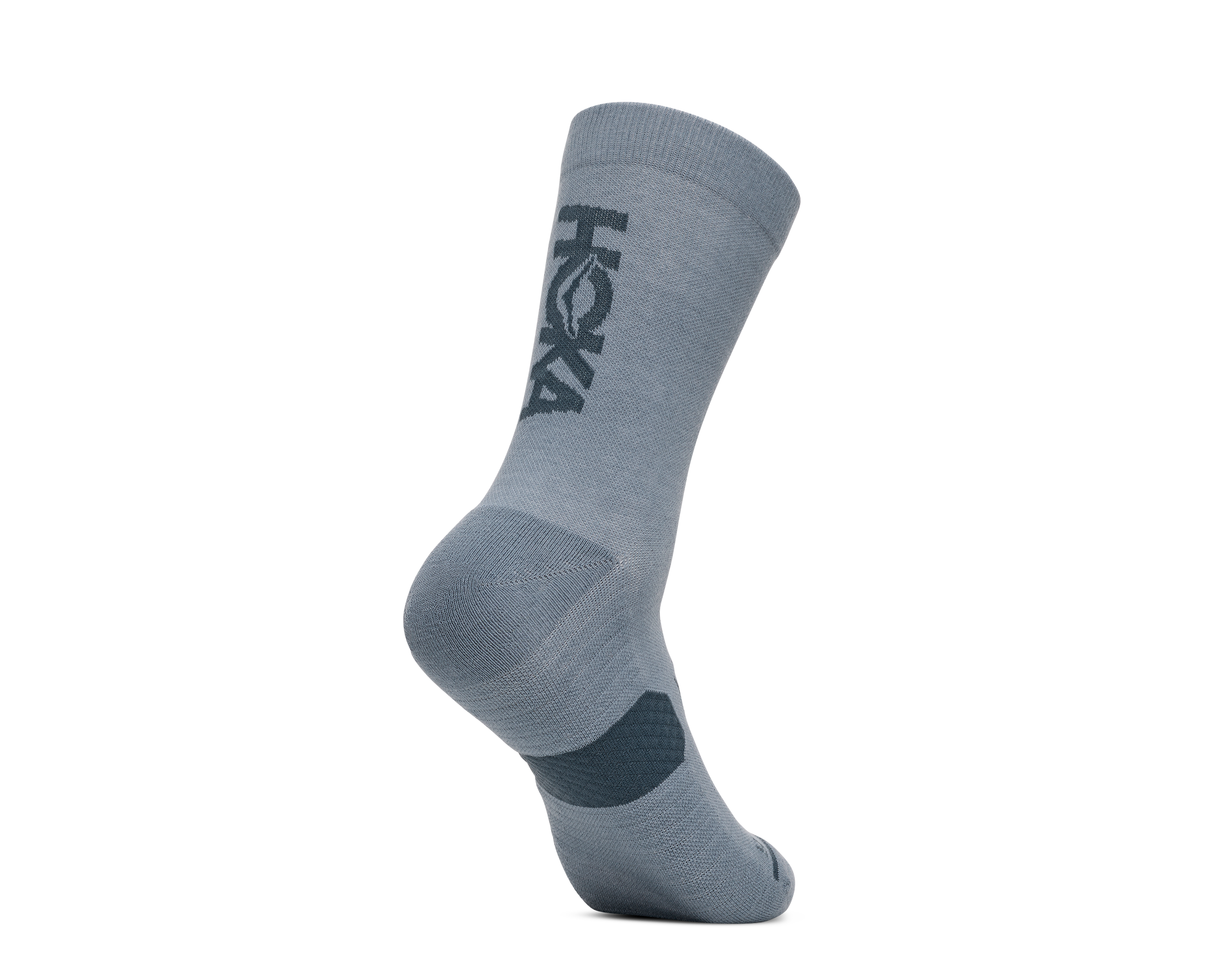 hoka gpx crew run sock, lightweight moisture wicking running sock, grey blue colour, back angled profile of sock 