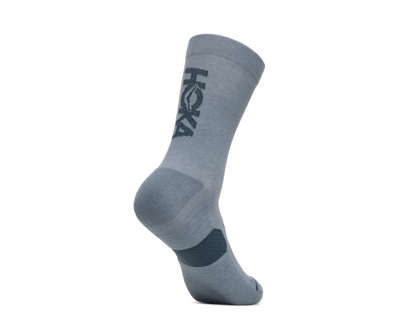 hoka gpx crew run sock, lightweight moisture wicking running sock, grey blue colour, back angled profile of sock 