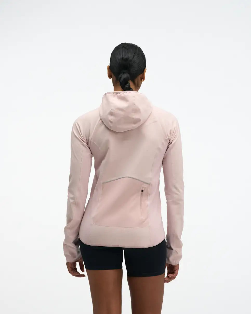 hoka womens skyglow half zip running top, short zip water resistant stretchy hooded top, front view of top in a pink colour