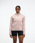 hoka womens skyglow half zip running top, short zip water resistant stretchy hooded top, front view of top in a pink colour