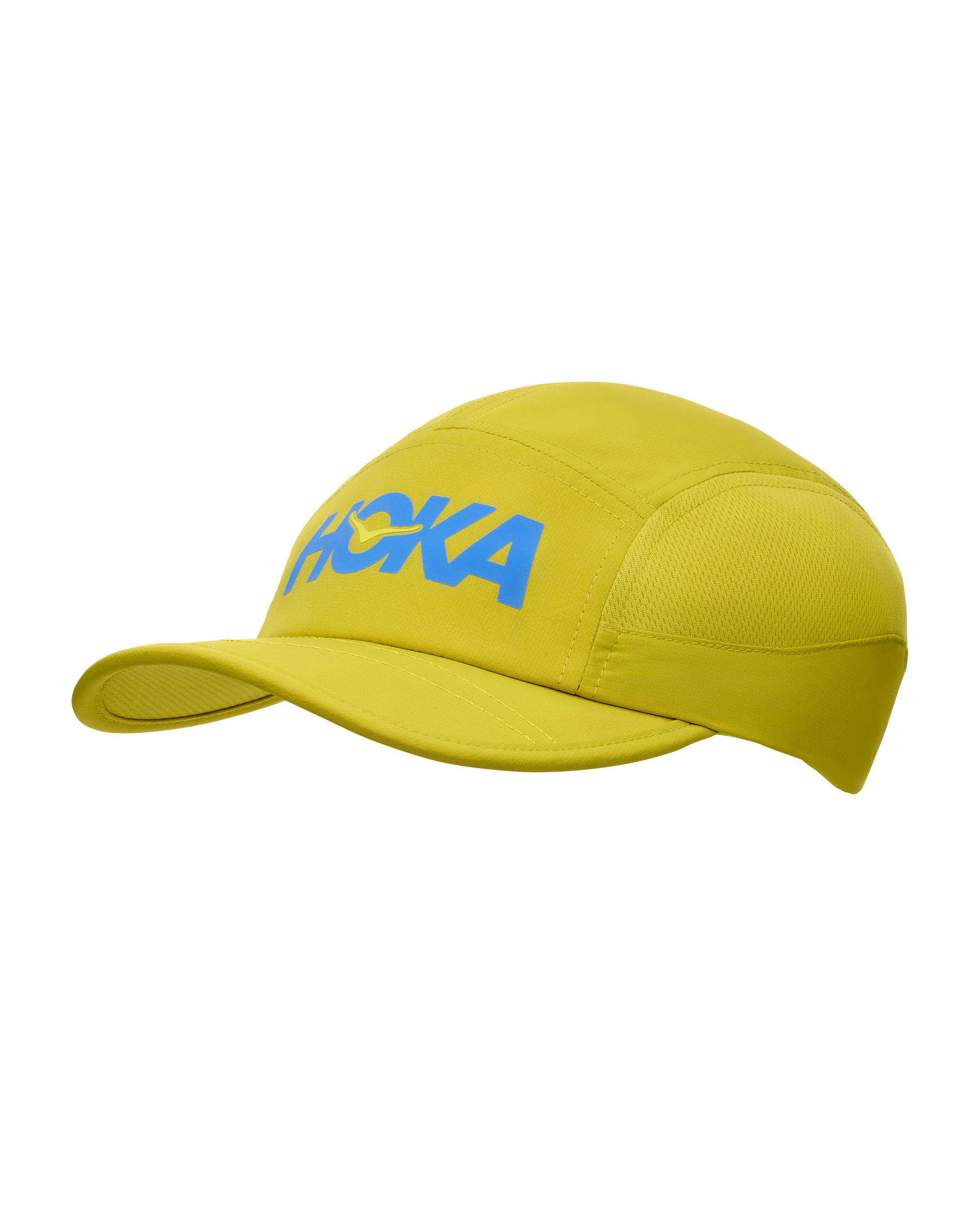 hoka running cap for all gender, lightweight breathable running cap, pea green colour with blue hoka logo, cap shown on a white background