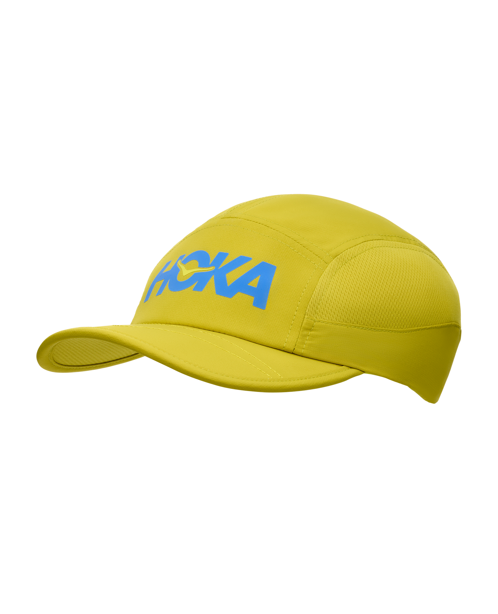 hoka running cap for all gender, lightweight breathable running cap, pea green colour with blue hoka logo, cap shown on a white background