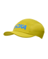 hoka running cap for all gender, lightweight breathable running cap, pea green colour with blue hoka logo, cap shown on a white background