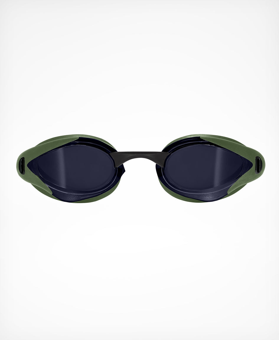close up of front of huub eteranl swim goggle for races in pool or open water, green side details and dark blue lenses 