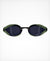 close up of front of huub eteranl swim goggle for races in pool or open water, green side details and dark blue lenses 