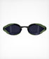 close up of front of huub eteranl swim goggle for races in pool or open water, green side details and dark blue lenses 