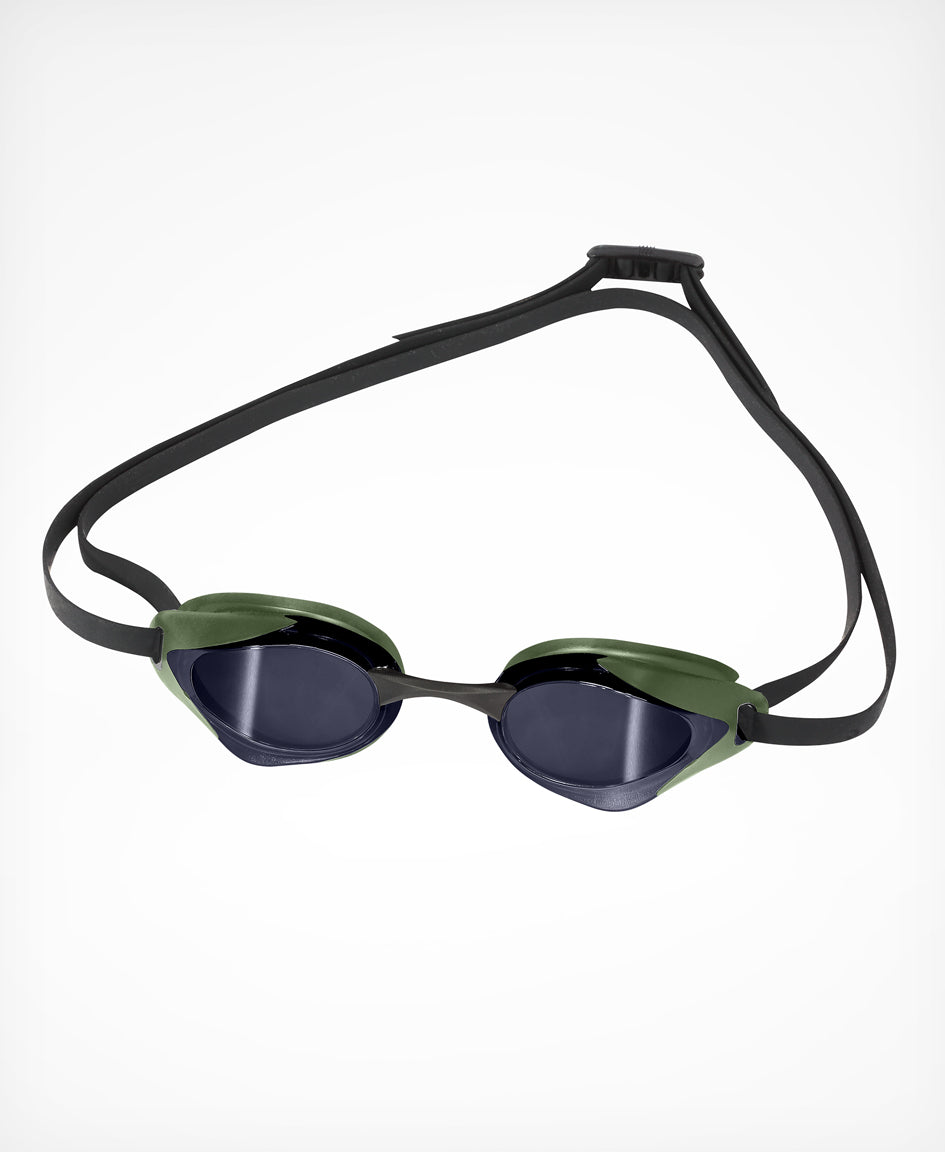 huub eternal swimming race goggle for pool and open water swimming dark green with dark blue lenses, goggle and strap 