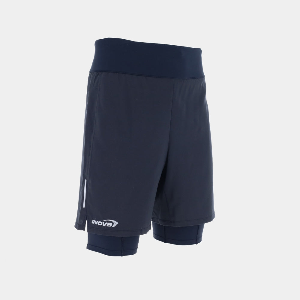 Mens Inov-8 Airlite 2 in 1 shorts, featuring a rear zipped pocket allows you to store your valuables and reflective logos on the front and back of the short aid your visibility to others in low light