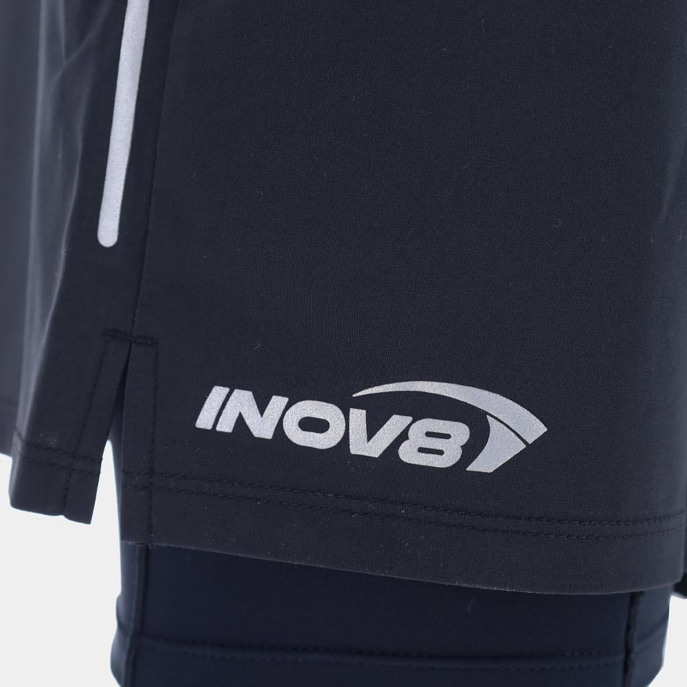 Mens Inov-8 Airlite 2 in 1 shorts, featuring a rear zipped pocket allows you to store your valuables and reflective logos on the front and back of the short aid your visibility to others in low light