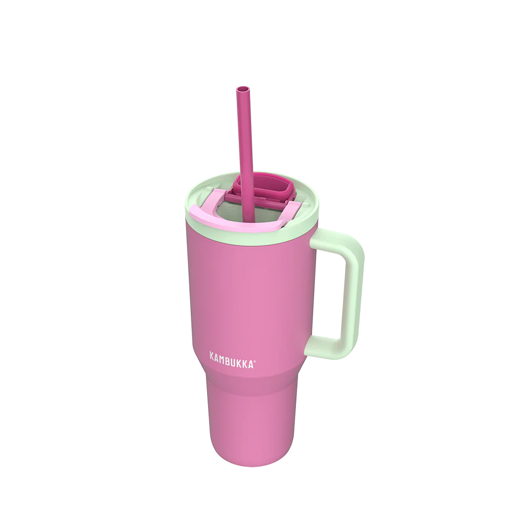 kambukka rio tumbler, 950 ml water bottler with handle and collapsable straw, pink colour with mint green accents, pink tumbler angle showing lid open with straw