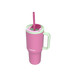 kambukka rio tumbler, 950 ml water bottler with handle and collapsable straw, pink colour with mint green accents, pink tumbler angle showing lid open with straw