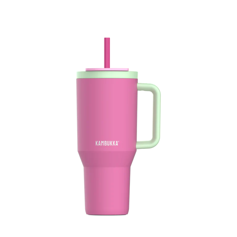 kambukka rio tumbler, 950 ml water bottler with handle and collapsable straw, pink colour with mint green accents, pink kambukka tumbler with mint green handle and dark pink straw